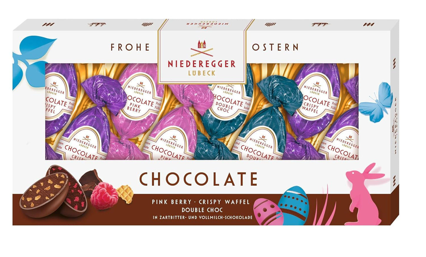 Niederegger | Czekoladowe Jajka | 1x100g | Czekoladowe jajka o smaku różowych jagód, chrupiącego wafla i podwójnej czekolady | Oblane gorzką i mleczną czekoladą | Prezent Wielkanocny | Czekoladowe jajka