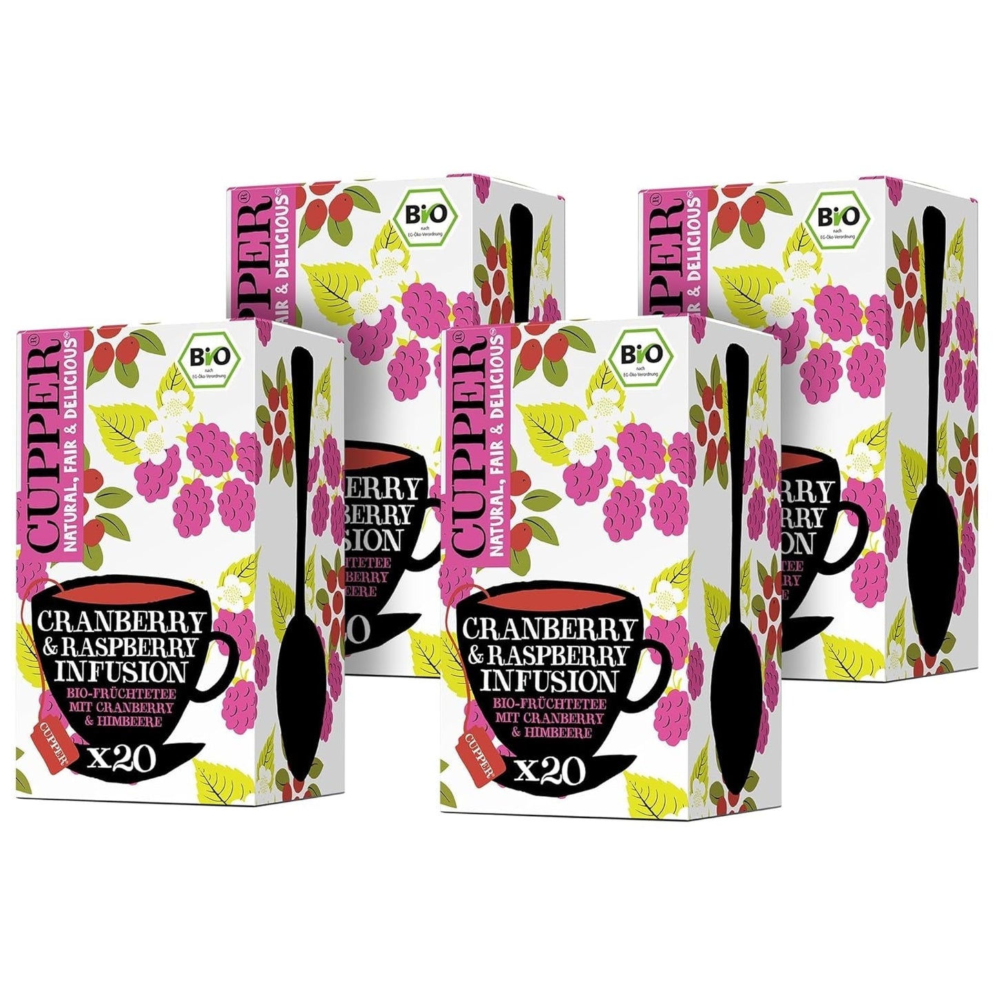 4Er Pack CUPPER Organiczna herbata owocowa „Napar z żurawiny i malin”, 4X20 torebek herbaty innej niż biała, organiczna, sprawiedliwego handlu
