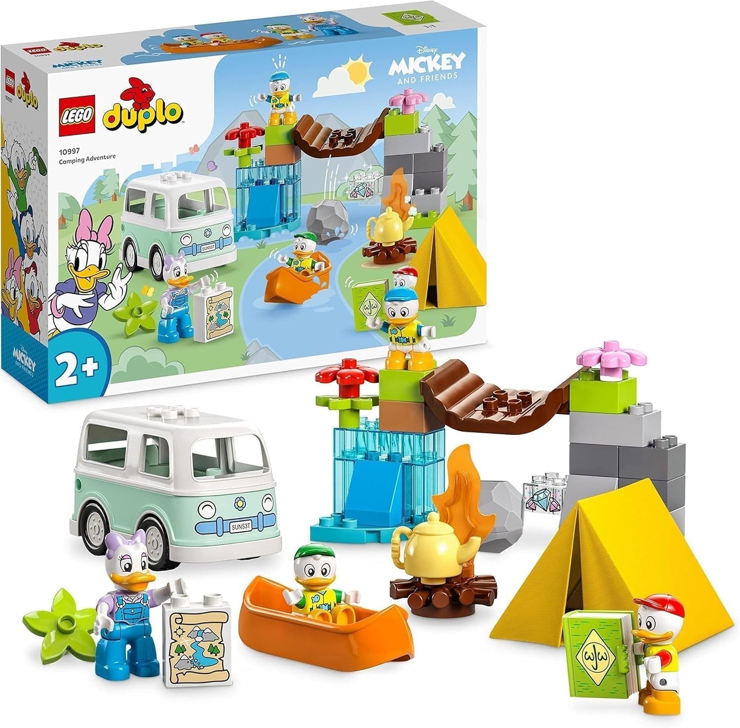 LEGO 10997 DUPLO Disney Mickey i przyjaciele na kempingu Zestaw przygodowy z kamperem, kajakiem i figurką kaczki Daisy, zabawka do budowania na prezent dla małych dzieci w wieku od 2 lat, zestawy konstrukcyjne dla dziewcząt i chłopców Beuche den LEGO-Store Singur