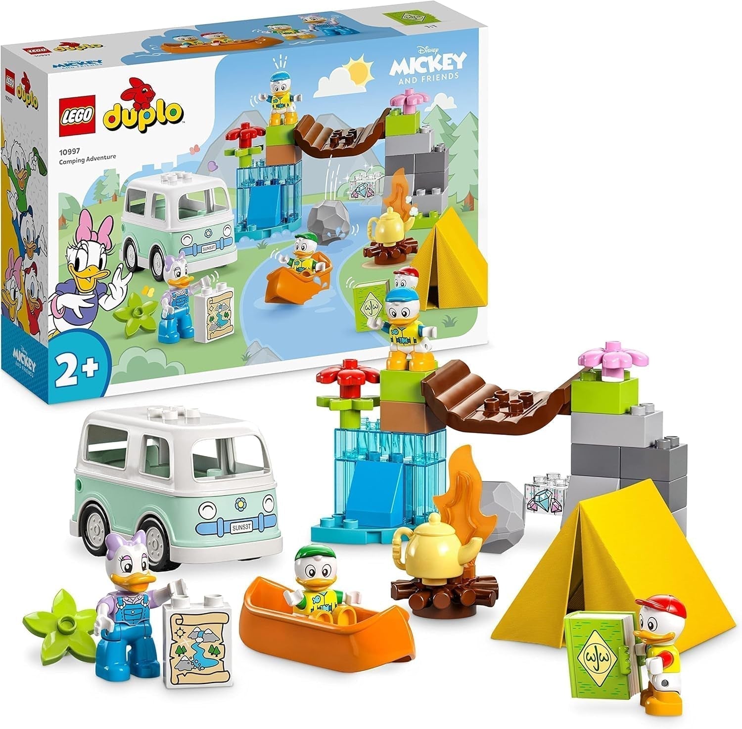 LEGO 10997 DUPLO Disney Mickey i przyjaciele na kempingu Zestaw przygodowy z kamperem, kajakiem i figurką kaczki Daisy, zabawka do budowania na prezent dla małych dzieci w wieku od 2 lat, zestawy konstrukcyjne dla dziewcząt i chłopców Beuche den LEGO-Store Singur