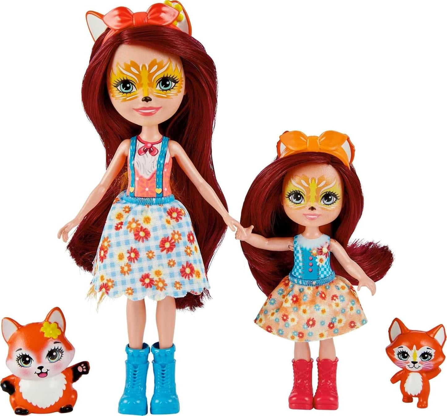 Enchantimals HCF81 - Felicity Fox i jej młodsza siostra (ok. 15 cm i ok. 10 cm) oraz 2 figurki zwierząt, odpinana spódnica i akcesoria, świetny prezent dla dzieci w wieku 3 lat i starszych