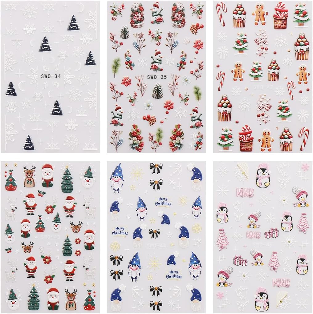 JMEOWIO Nagelsticker Weihnachten 6 Blatt Nail Art Naklejka Selbstklebend Nagelaufkleber Schneeflocke Winterurlaub Niedlich Dekoration Nageldesign Zubehör