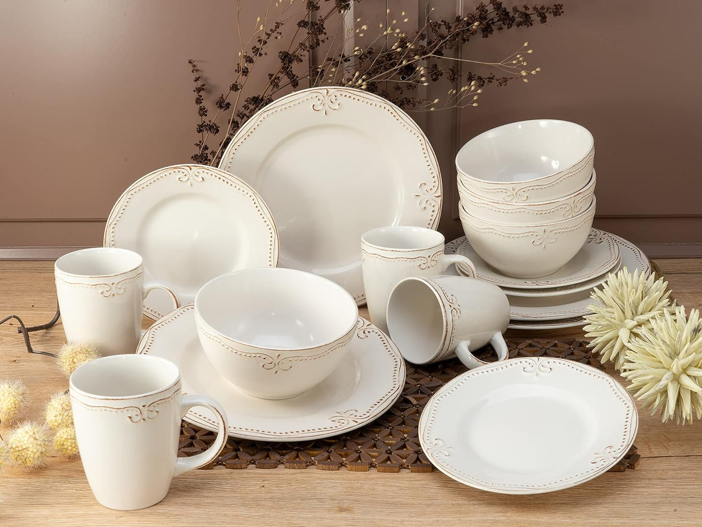 CreaTable, 23601, seria Romantic Vintage, 16-częściowy zestaw naczyń obiadowych dla 4 osób, usługa łączenia porcelany, można myć w zmywarce i używać w kuchence mikrofalowej, jakość produkcji