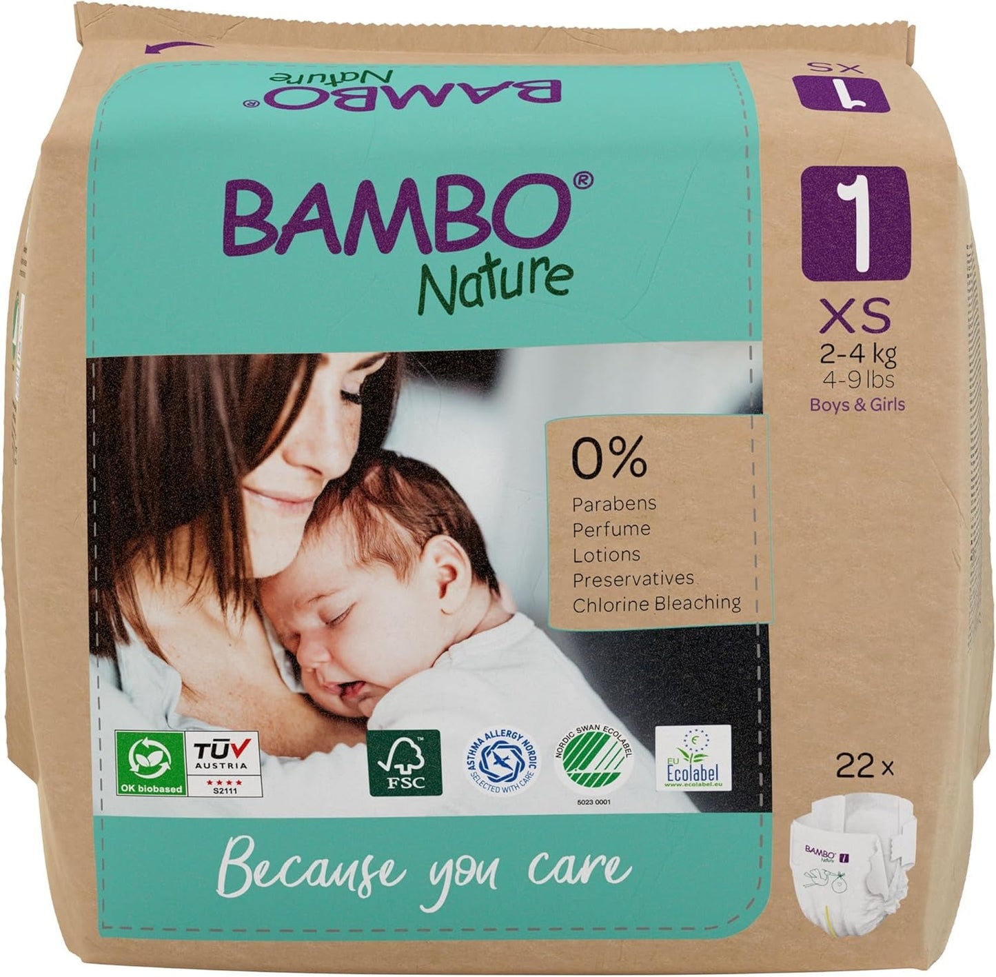 Pieluszki dziecięce Bambo Nature, rozmiar 1 (2-4 kg), 132 sztuki w pudełku miesięcznym | Pieluszki Premium ze zwiększoną ochroną przed wyciekami | Najwyższy komfort i swoboda dla noworodków | Pieluszki testowane dermatologicznie