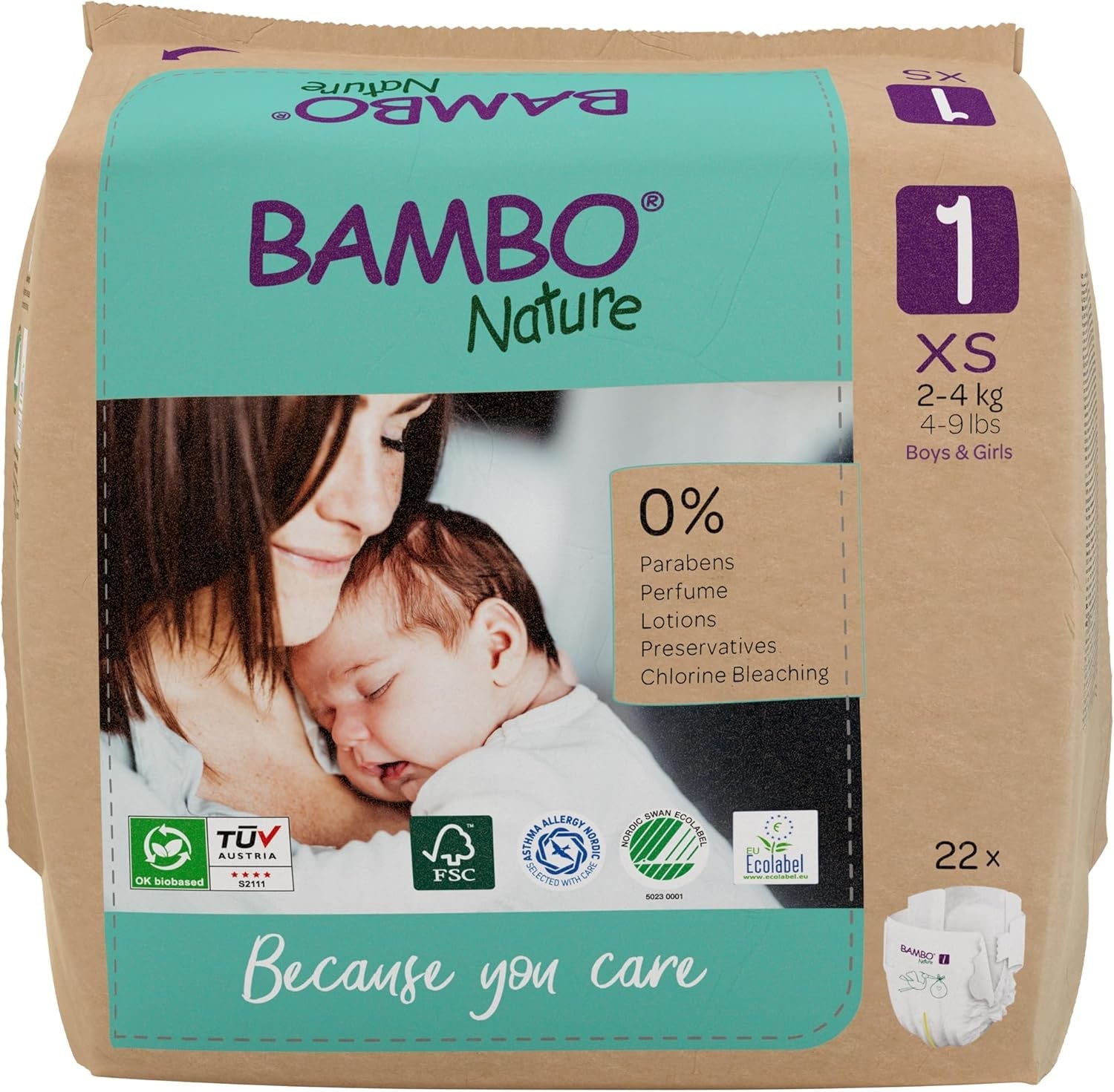 Pieluszki dziecięce Bambo Nature, rozmiar 1 (2-4 kg), 132 sztuki w pudełku miesięcznym | Pieluszki Premium ze zwiększoną ochroną przed wyciekami | Najwyższy komfort i swoboda dla noworodków | Pieluszki testowane dermatologicznie