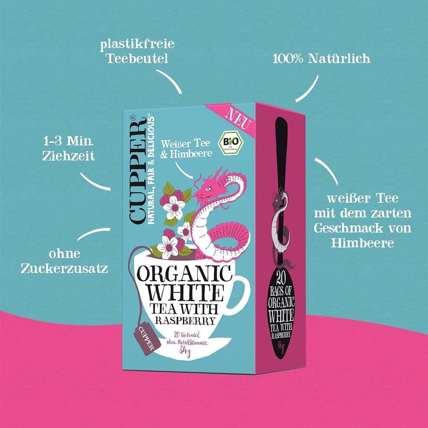 Cupper Organiczna herbata biała, malinowa, 20 saszetek, 34g (4 szt.)