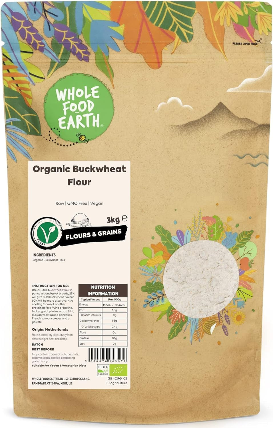 Organiczna mąka gryczana pełnoziarnista ziemna 1kg | Okrutny | Bez GMO | wegańskie | Certyfikowane organiczne