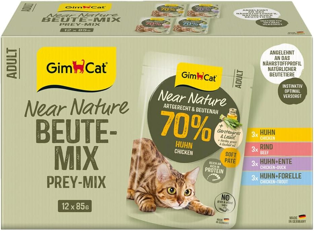 GimCat Near Nature Trial Mix 12 Pack - Mokra karma bezzbożowa dla kotów od 7 miesiąca życia, z recepturą dostosowaną do gatunku i specyficzną dla ofiary - 12 saszetek (12 x 85g)