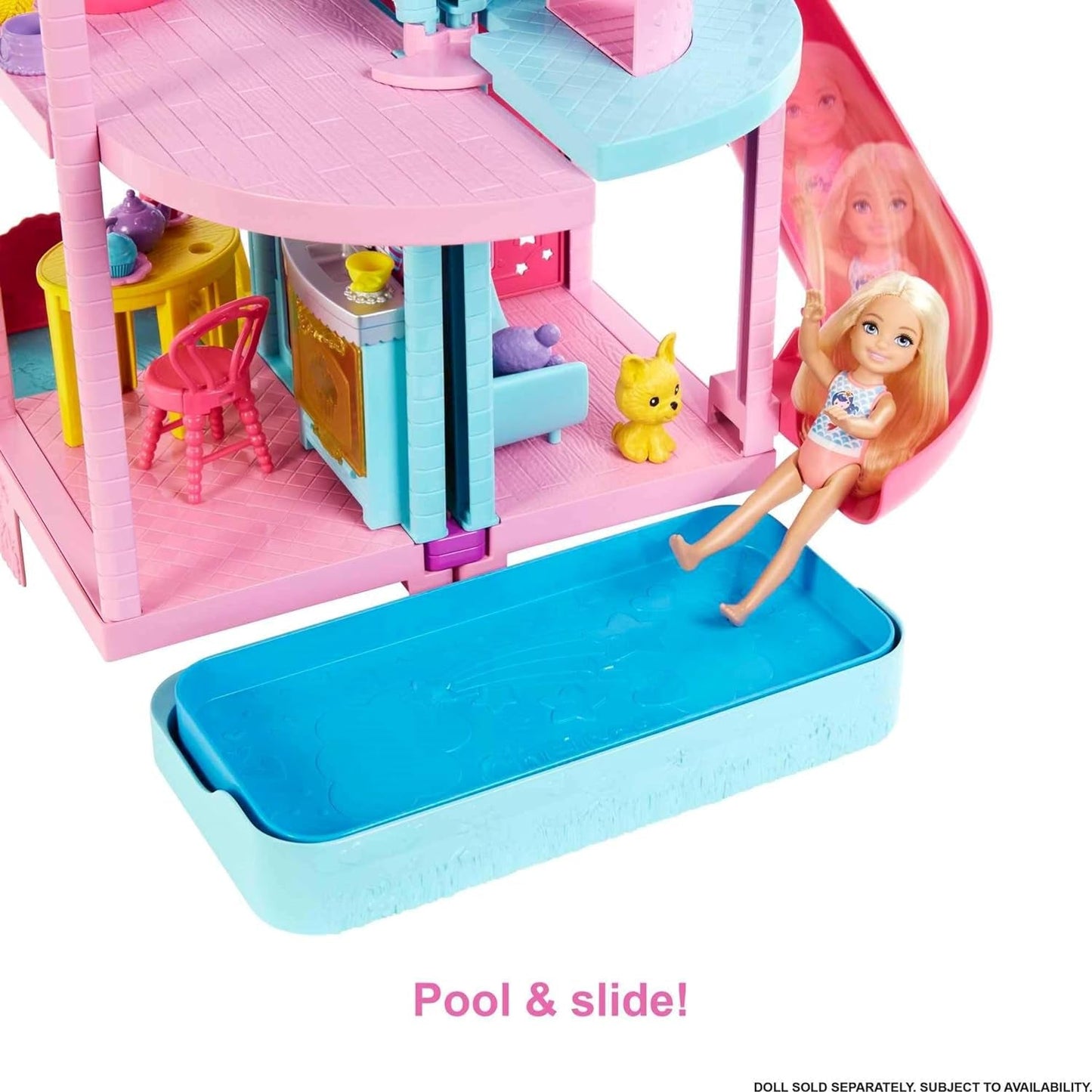 Barbie Chelsea Playhouse — 3 zmieniające się piętra, tajne strefy zabaw, winda, basen, zjeżdżalnia, 2 zwierzęta i ponad 20 akcesoriów, dla dzieci w wieku 3+, HHX44