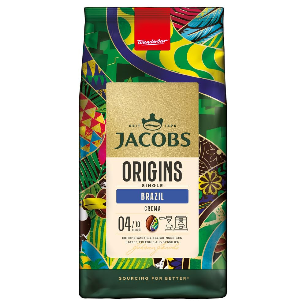 Jacobs Kaffeebohnen Origins Brazylia, łagodna nutsiger Geschmack aus Brasilien, geröstet w Bremie, Intensität 4/10, Kaffee ganze Bohnen, 1 kg