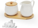 Zestaw do mleka i cukru z pokrywką i łyżką, 5-częściowy ceramiczny dzbanek na mleko i cukiernica z drewnianą tabliczką, pojemnik na mleko i cukier do kuchni, kawa, kuchenka mikrofalowa i zmywarka (biały)
