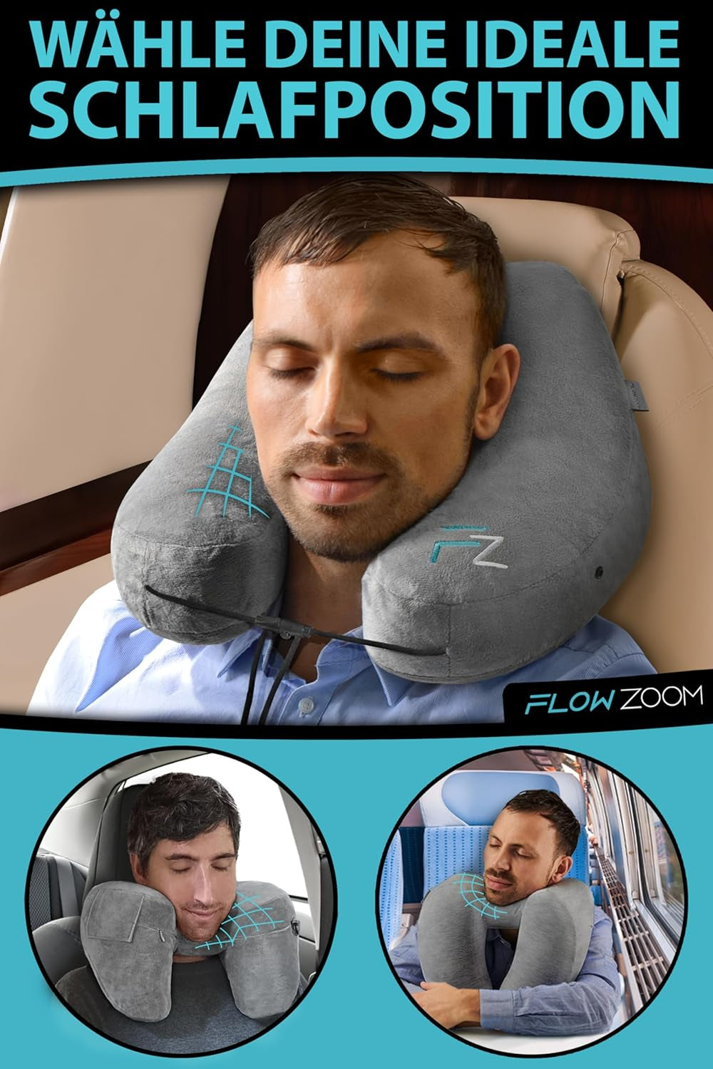 FLOWZOOM AIR Dmuchana poduszka pod kark z kapturem - Samolotowa poduszka pod kark - Poduszka podróżna - Szybko nadmuchiwana podróżna poduszka pod kark - Poduszka samolotowa - Poduszka podróżna - Poduszka pod szyję dla dorosłych (szara) Poduszki ortopedyczne na szyję Naty Shop