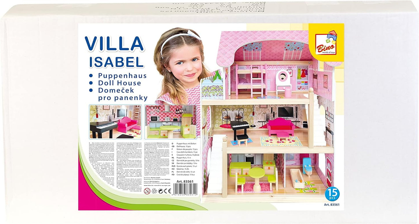 Bino World of Toys Domek dla lalek z balkonem, Zabawka dla małych dzieci od 3 lat, z 3 piętrami, schodami, 4 pokojami i balkonem w tym. 15-TLG. Akcesoria, Aby promować umiejętności dzieci, Różowe domki dla lalek Naty Shop