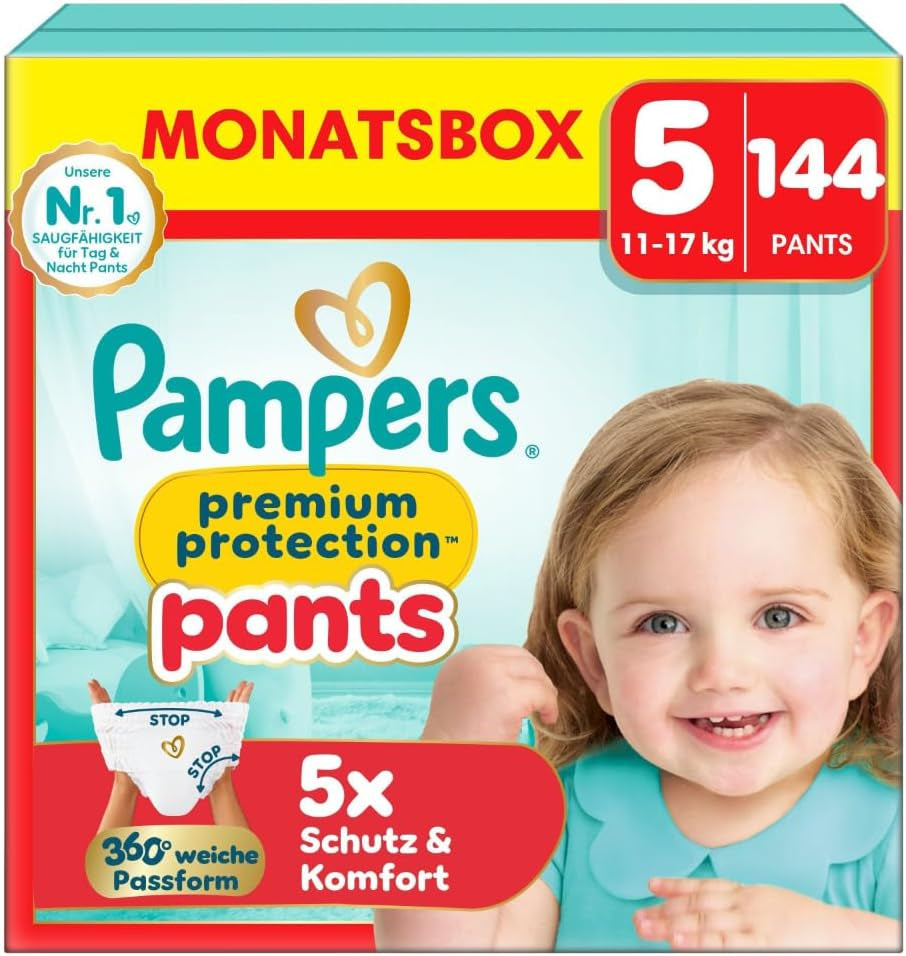 Spodnie ochronne Pampers Premium rozmiar 7, 123 pieluszki, 15 kg+, z regulacją 360° i miękkimi mankietami zapobiegającymi wyciekaniu dla optymalnego komfortu i ochrony