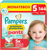 Spodnie ochronne Pampers Premium rozmiar 7, 123 pieluszki, 15 kg+, z regulacją 360° i miękkimi mankietami zapobiegającymi wyciekaniu dla optymalnego komfortu i ochrony