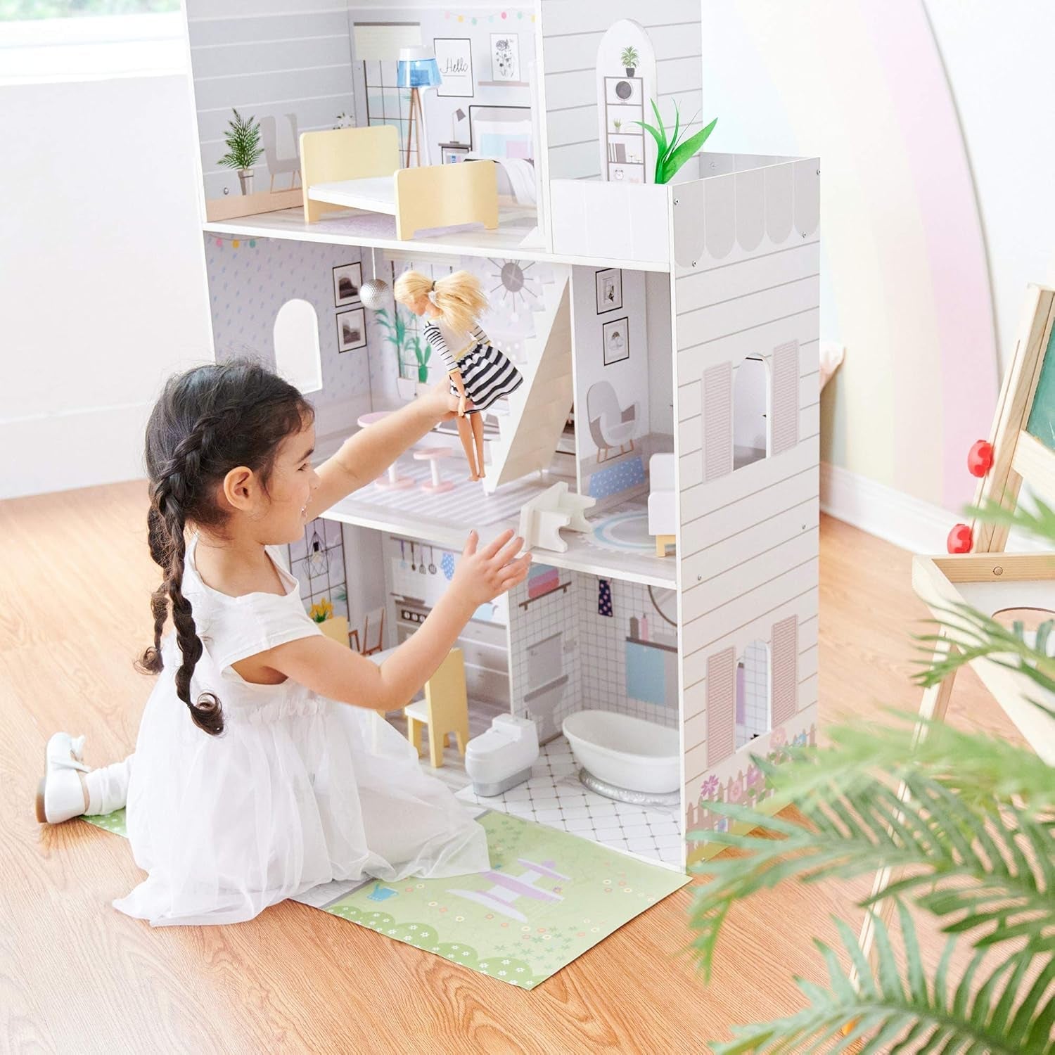 Teamson Kids Olivias Little World Gigantyczny domek dla lalek z 16 akcesoriami dla lalek, drewniany domek dla lalek z meblami, 3-piętrowy, dziecięcy domek dla lalek dla lalek 12 cali/30 cm, wiek od 3 lat + Naty Shop Domy dla lalek