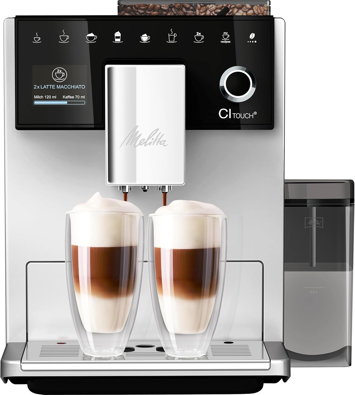 Melitta CI Touch - W pełni automatyczny ekspres do kawy z systemem mlecznym, ekspres ze zintegrowanym młynkiem do kawy i spieniaczem do mleka, m.in. do espresso lub cappuccino, srebrny