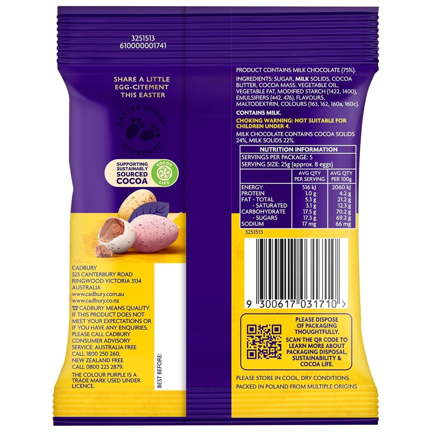 Solidna torebka małych czekoladowych jajek (80g) w chrupiącej formie z cukrem (Formy Wielkanocne)