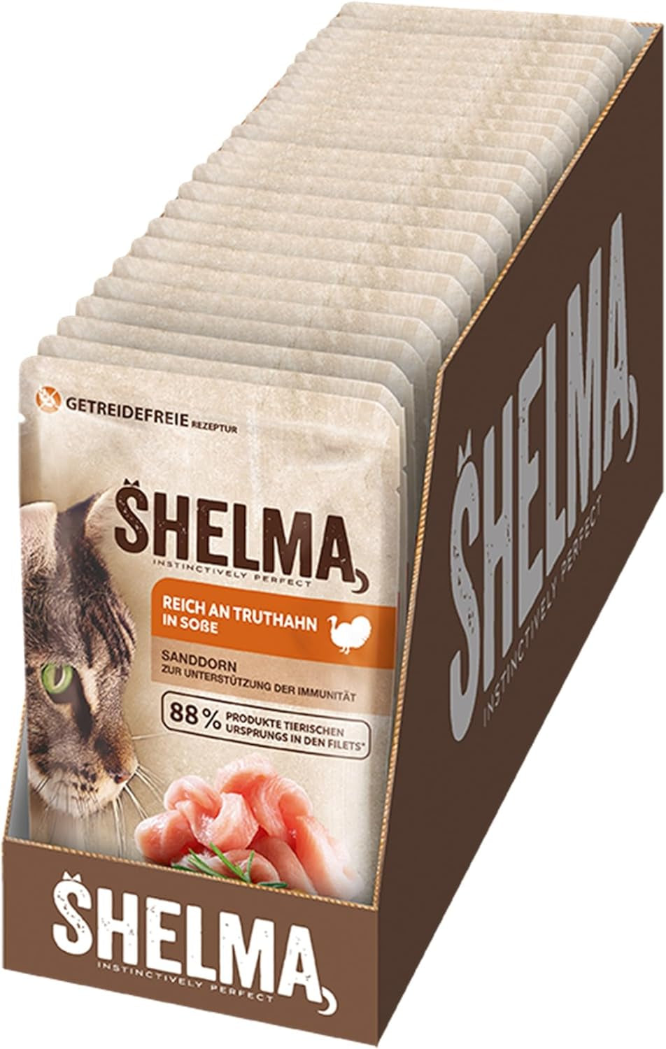 Shelma Mokra karma dla kotów z indykiem w sosie pomidorowo-ziołowym – pełnoporcjowa karma bezzbożowa z dużą zawartością mięsa – 28 x 85g (2,38kg)