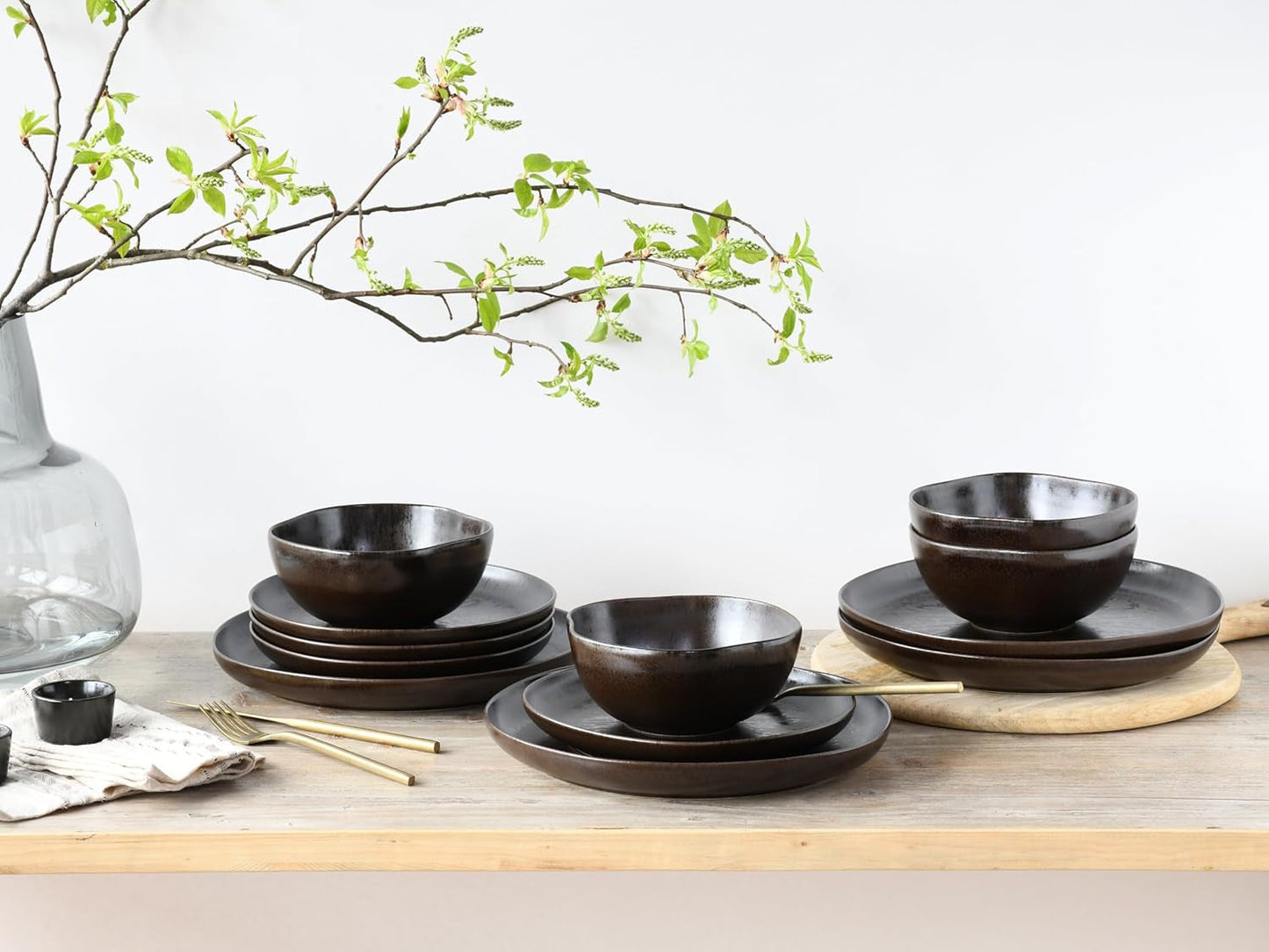 CreaTable, 21249, seria Natura Organic RUSTY, 12-częściowy zestaw naczyń obiadowych dla 4 osób, zestaw talerzy porcelanowych, można myć w zmywarce i używać w kuchence mikrofalowej, wyprodukowano w Europie