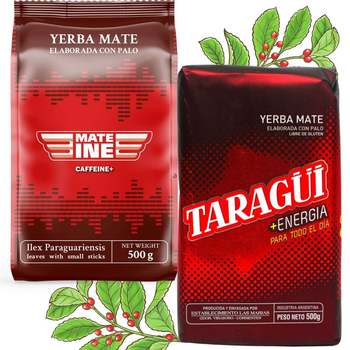 Zestaw do herbaty z kofeiną Mate Energy | Yerba Mate Taragui Herbata energetyczna 500 g | Herbata z kofeiną | Alternatywa dla napojów kofeinowych i energetycznych | Herbata Yerba Mate z całymi liśćmi 1kg