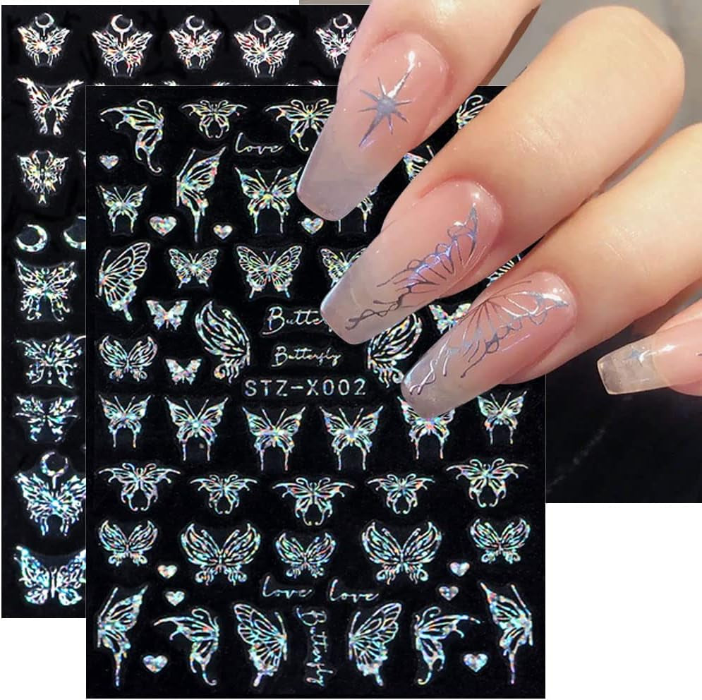 6 Blatt Schmetterling Nagelsticker Selbstklebend Laser Silber Schmetterlings Nagelaufkleber 3D Aurora Silber Schwarz Schmetterlinge Nagel Naklejki Frühling Nageldesign Naklejka na paznokcie Nail Art Zubehör