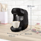 Bosch Tassimo Happy Friendly TAS102E Ekspres do espresso w kapsułkach, ponad 70 napojów, odpowiedni do wszystkich filiżanek, Auto-Stop, zrównoważony, idealne dozowanie, oszczędzający miejsce, 1400 W, czarny