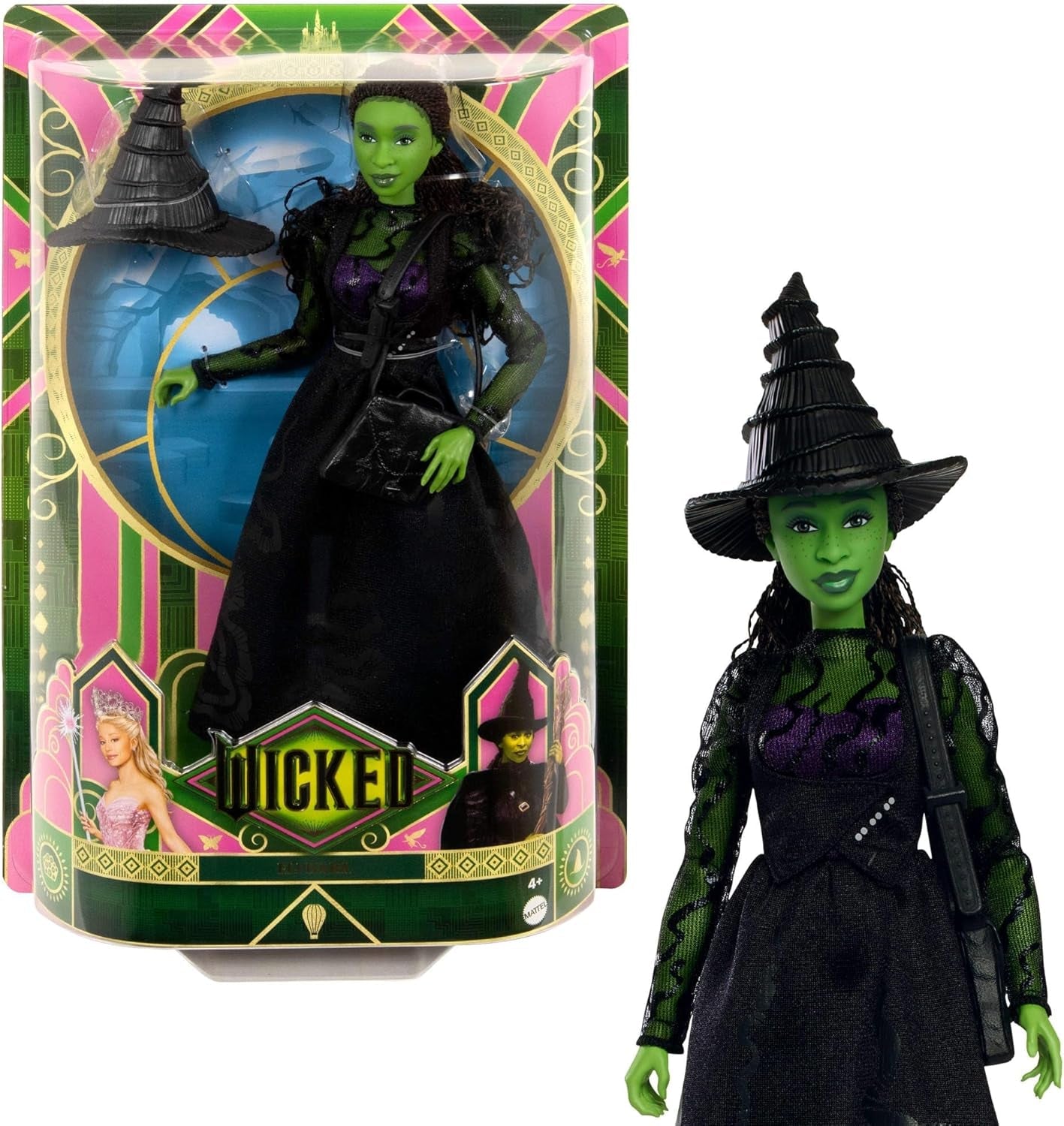 Mattel Wicked Elphaba Fashion Doll i akcesoria z zieloną skórą, czarnymi warkoczami, różnymi możliwymi pozami i odpinanym wyglądem sukni balowej, HXT62, [wielokolorowy]