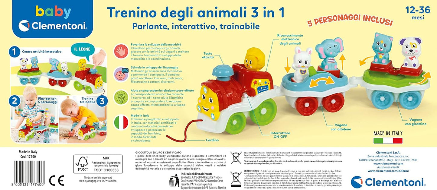 Clementoni Animali-3 Mówiący interaktywny, rozkładany elektryczny pociąg zabawkowy dla 1-letniego dziecka (wersja włoska) Made in Italy Multicolor 17740 Jucarii Bebe Naty Shop