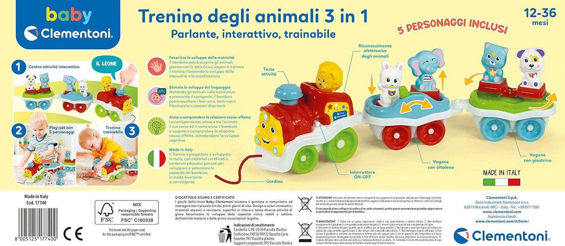 Clementoni Animali-3 Mówiący interaktywny, rozkładany elektryczny pociąg zabawkowy dla 1-letniego dziecka (wersja włoska) Made in Italy Multicolor 17740 Jucarii Bebe Naty Shop