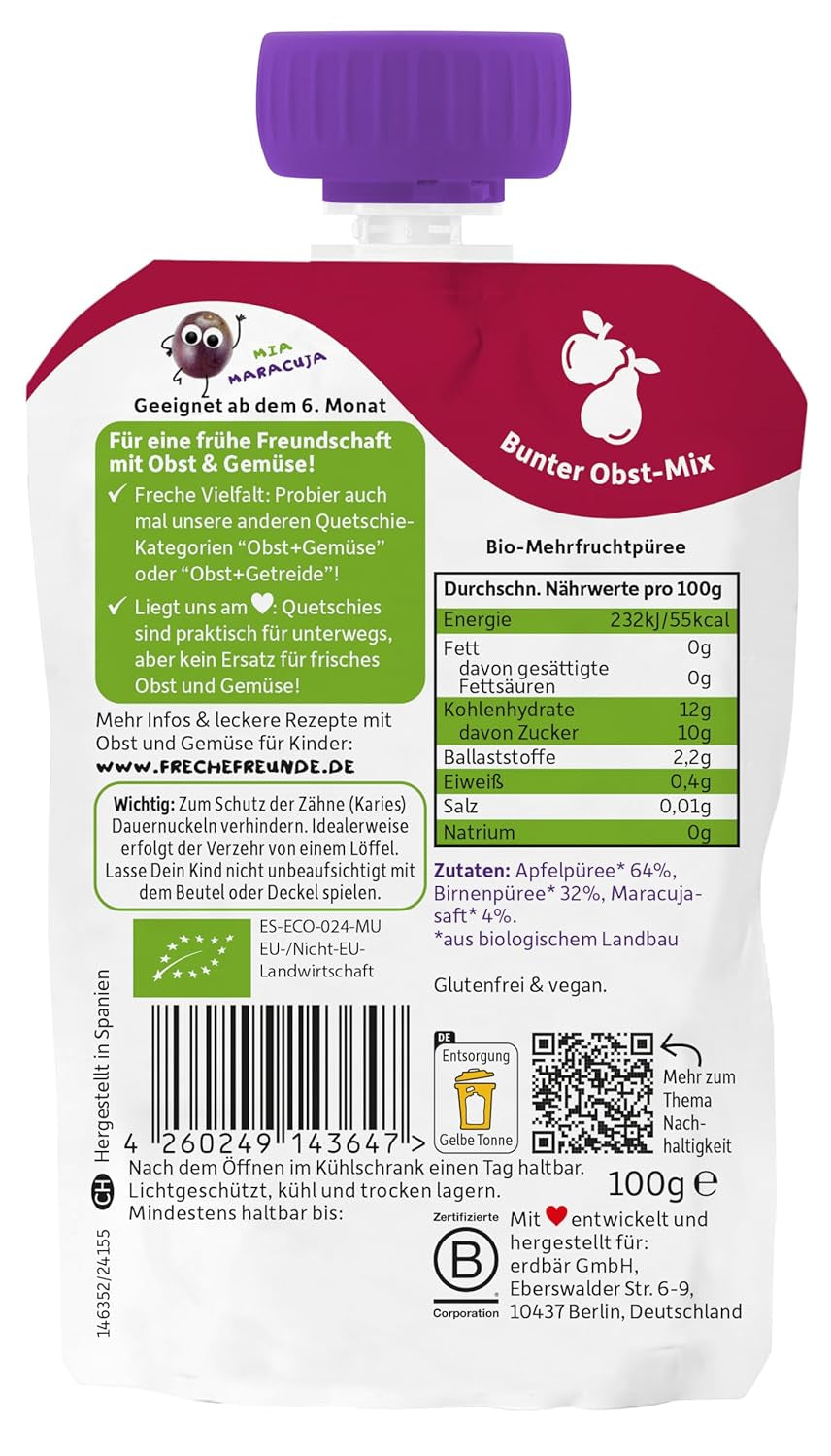 FRECHE FREUNDE Bio Quetschie Apple, Birne & Maracuja, Fruchtmus mit Obst im Quetschbeutel für Babies od 6. miesiąca, wegańskie, opakowanie 6er (6 x 100g)