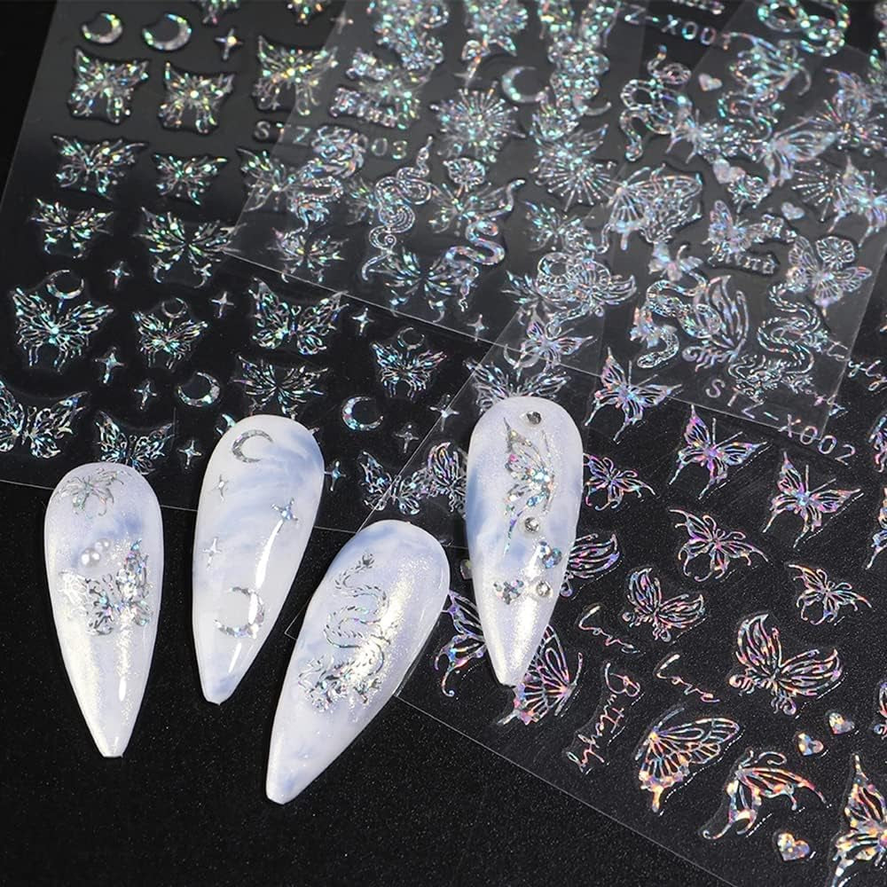 6 Blatt Schmetterling Nagelsticker Selbstklebend Laser Silber Schmetterlings Nagelaufkleber 3D Aurora Silber Schwarz Schmetterlinge Nagel Naklejki Frühling Nageldesign Naklejka na paznokcie Nail Art Zubehör