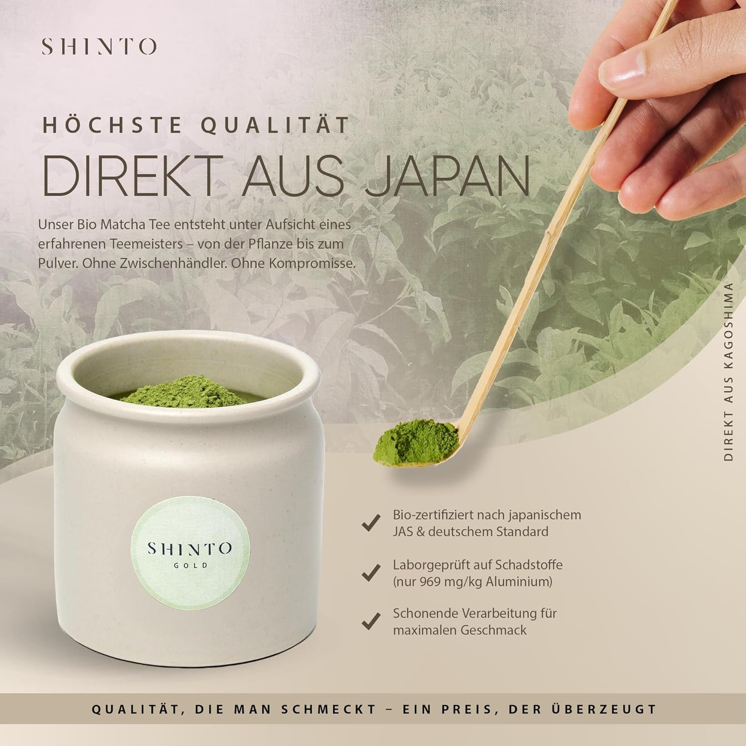 Shinto - „Złota” organiczna herbata Matcha – ceremonialna zielona herbata w proszku – certyfikat JAS i UE BIO – cieniowana i zbierana ręcznie – bezpośredni import z Uji w Japonii – 30g