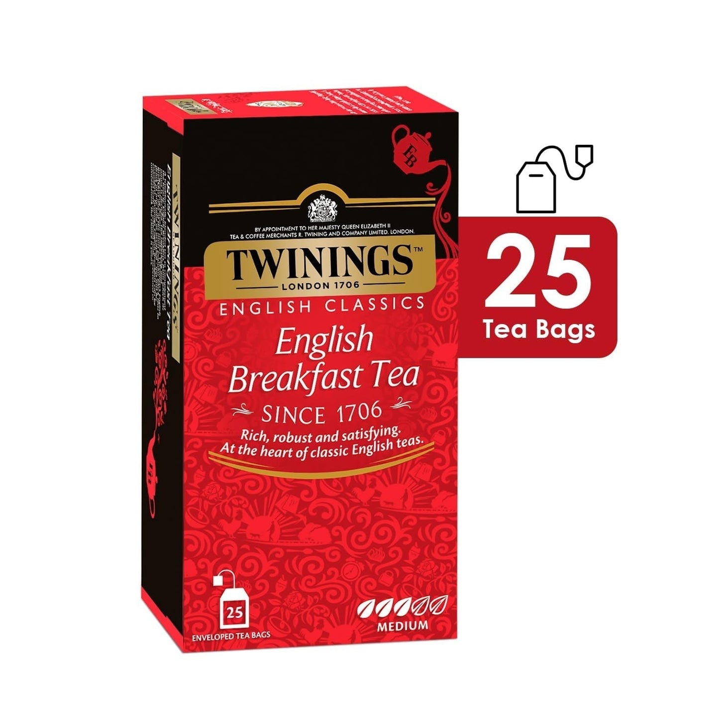 Twinings English Breakfast Black Tea 50g, 25 torebek, pełna, okrągła i mocna herbata czarna, pochodząca z najlepszych plantacji herbaty na Sri Lance i w Indiach. Herbata czarna Opakowanie 1 szt. (1 x 50 g)