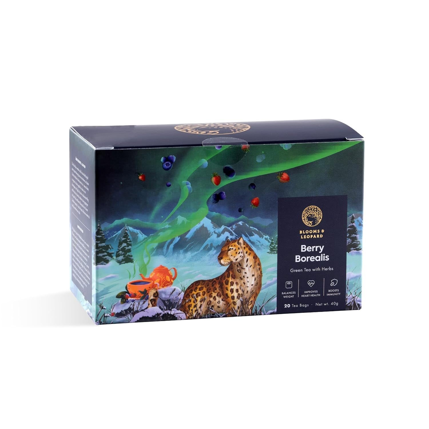 Torebki na zieloną herbatę Blooms & Leopard Premium - Mieszanka jagód Borealis z hibiskusem, jagodami, truskawkami i miętą - 20 torebek na herbatę w kształcie piramidy do herbaty na gorąco lub na zimno