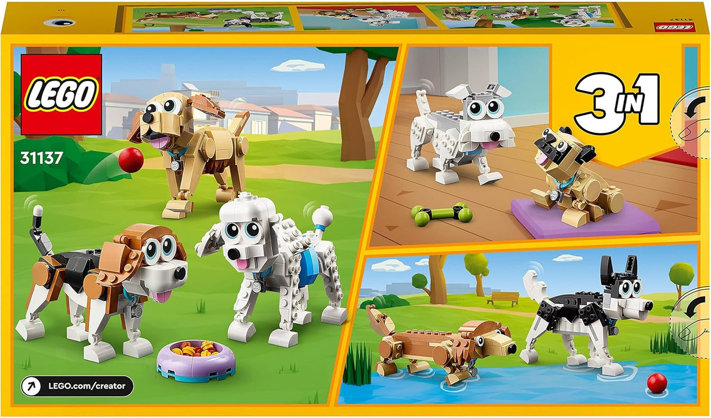 LEGO 31137 Creator Zestaw 3 w 1 ze słodkim psem z figurkami zwierząt Jamnik, mops, pudel i inne zabawki dla dzieci w wieku powyżej 7 lat, prezent dla miłośników psów Zestawy do budowania Besuche den LEGO-Store
