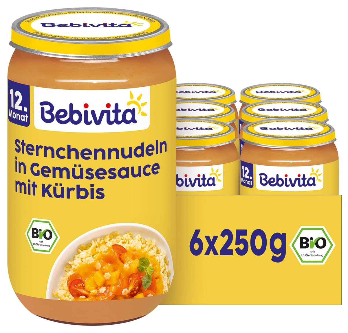 Posiłki od 12 miesiąca: Makaron w kształcie gwiazdki w sosie dyniowo-warzywnym, 250 g, opakowanie 6 szt. (6 x 250 g)
