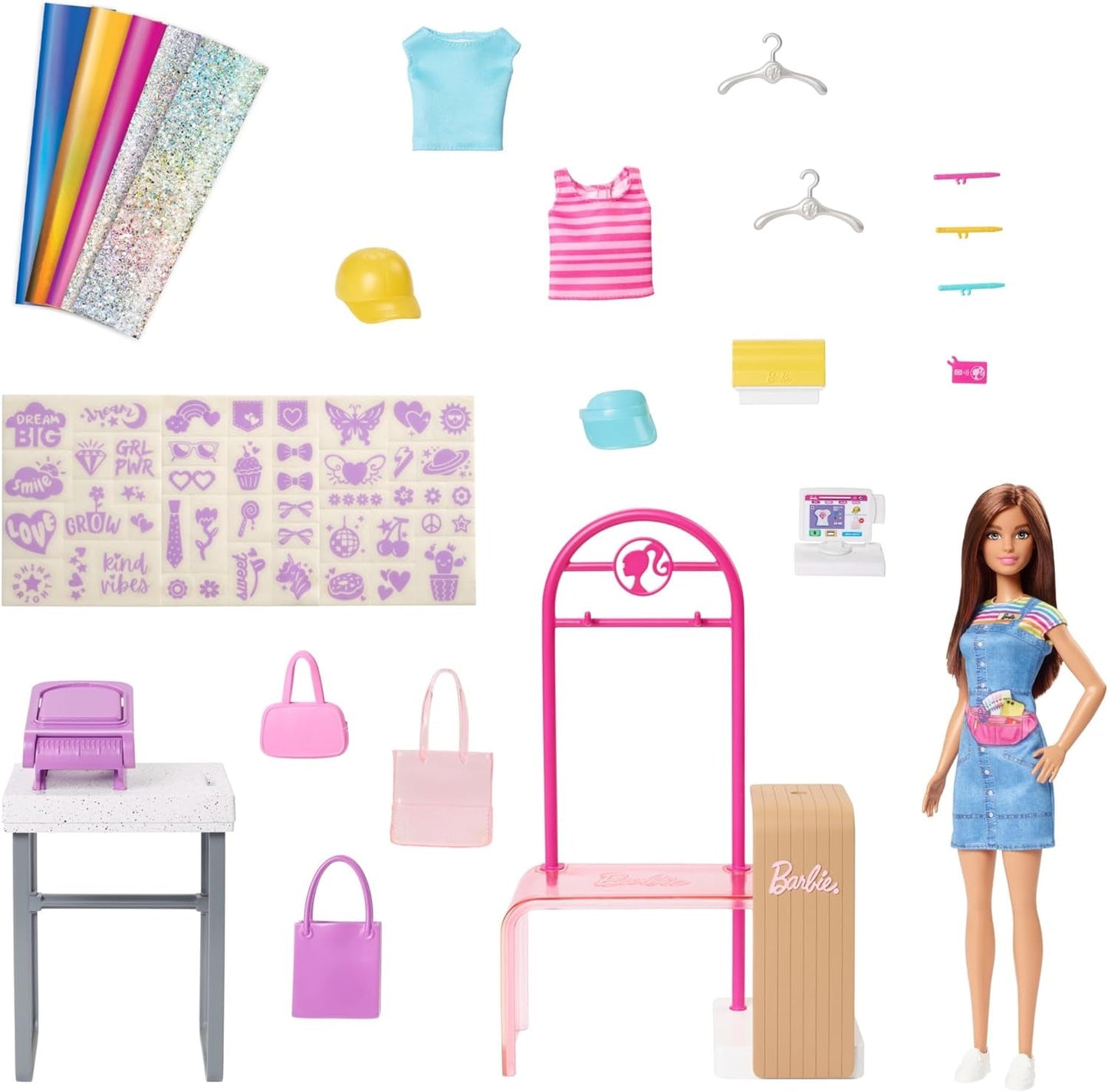 Zestaw Barbie Fashion Boutique - lalka ze wzorem w folię, ponad 150 oryginalnych kreacji, zawiera 2 bluzki i 5 arkuszy folii, stojak na ubrania i czytnik kart kredytowych, wiek powyżej 3 lat, HKT78
