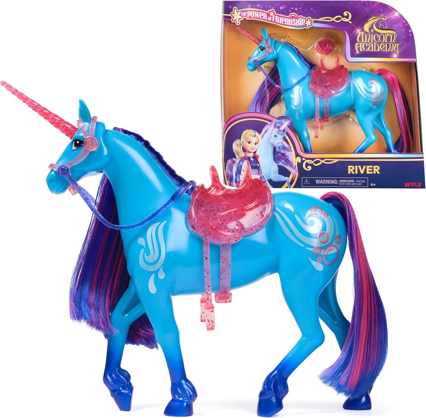 Unicorn River Unicorn Academy - wysoki na 28 cm, oryginalny jednorożec Isabel z serialu Netflix, z prawdziwą grzywą i ogonem, zdejmowaną uzdą oraz siodłem i szczotką, dla dzieci od 4 roku życia