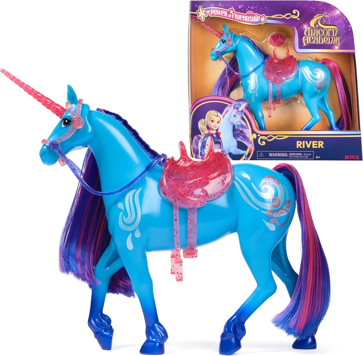Unicorn River Unicorn Academy - wysoki na 28 cm, oryginalny jednorożec Isabel z serialu Netflix, z prawdziwą grzywą i ogonem, zdejmowaną uzdą oraz siodłem i szczotką, dla dzieci od 4 roku życia