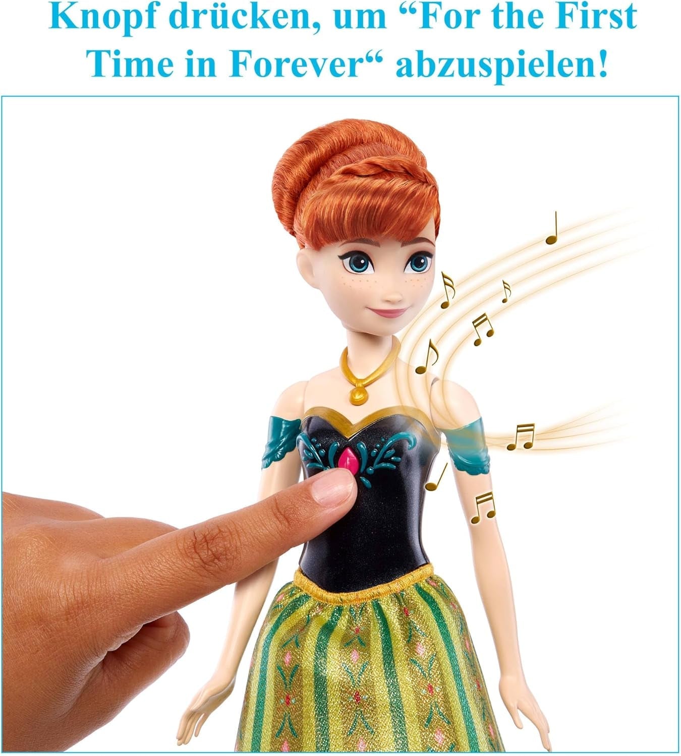 Mattel Toys Disney Frozen Anna śpiewająca lalka modowa w kultowym stroju śpiewa „po raz pierwszy” z filmu Disneya w języku angielskim, francuskim, niemieckim, włoskim, JDL59