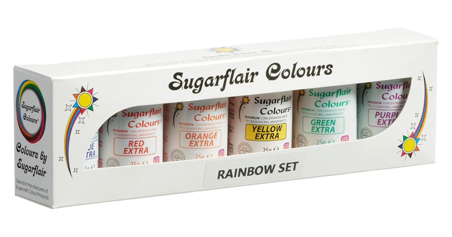 Sugarflair Max Skoncentrowany barwnik spożywczy zestaw/6, pasta barwnikowa Max Concentrate, EXTRA niebieski, czerwony, pomarańczowy, żółty, zielony, fioletowy - 6x25g