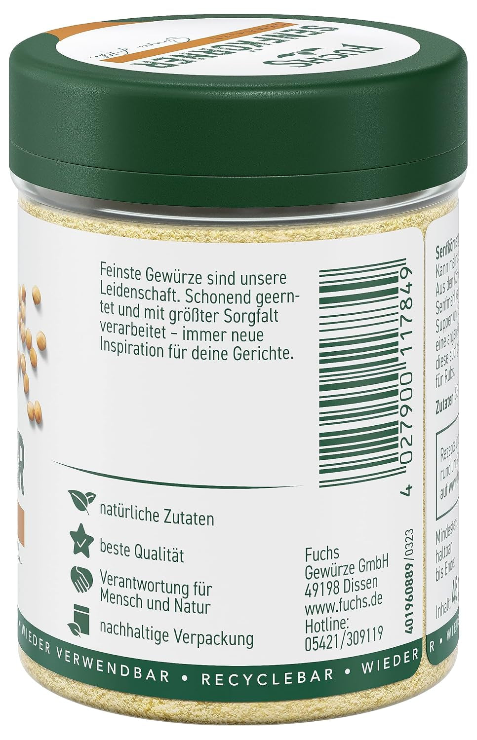 Fuchs Gewürze - Senfkörner gemahlen - für die Zubereitung von Rubs, zum Verfeinern von Suppen und Saucen - naturalne składniki - 45 g w wiederverwendbarer, recyclebarer Dawka