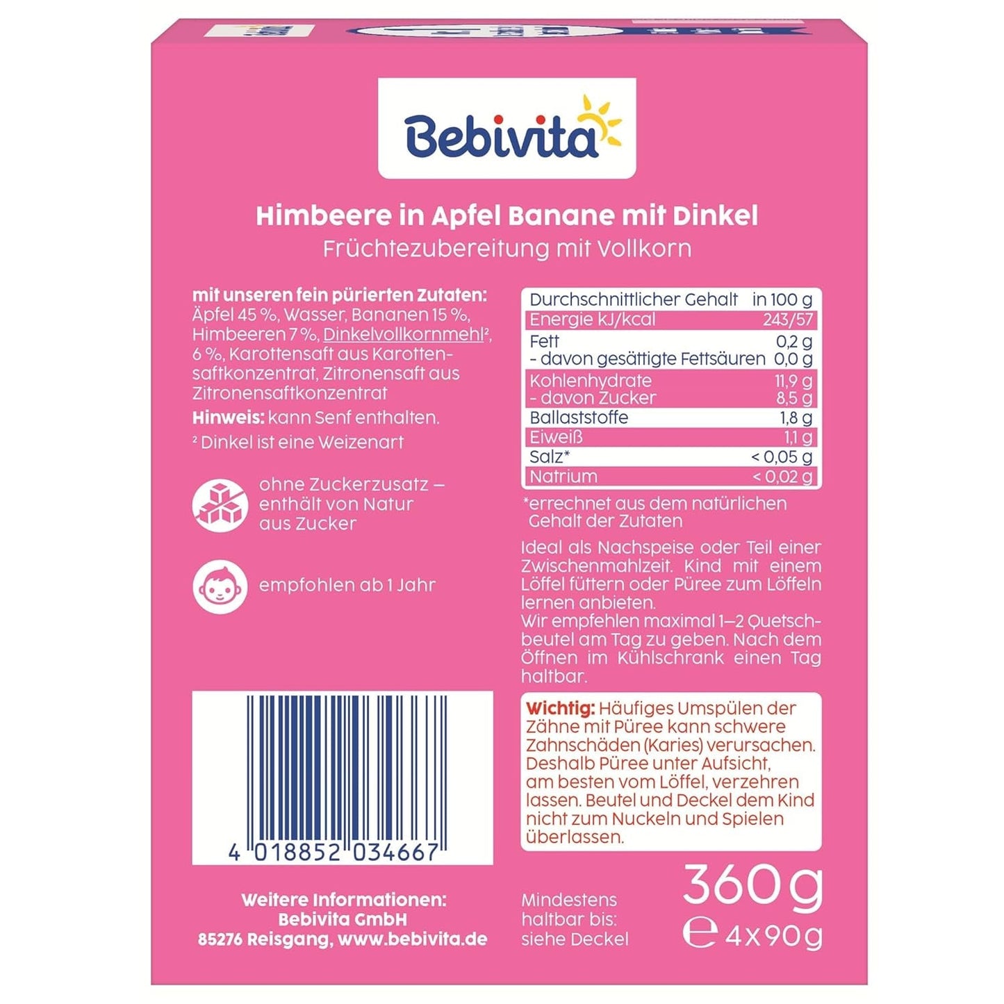 Saszetki wyciskane owoce, maliny, jabłka, banany i orkisz - 16 sztuk (opakowanie po 4 sztuki, 4 x 90 g), bez dodatku cukru, wykonane z miękkich owoców i pełnowartościowych ziaren, idealne do przekąsek na wynos i do spożycia własnego