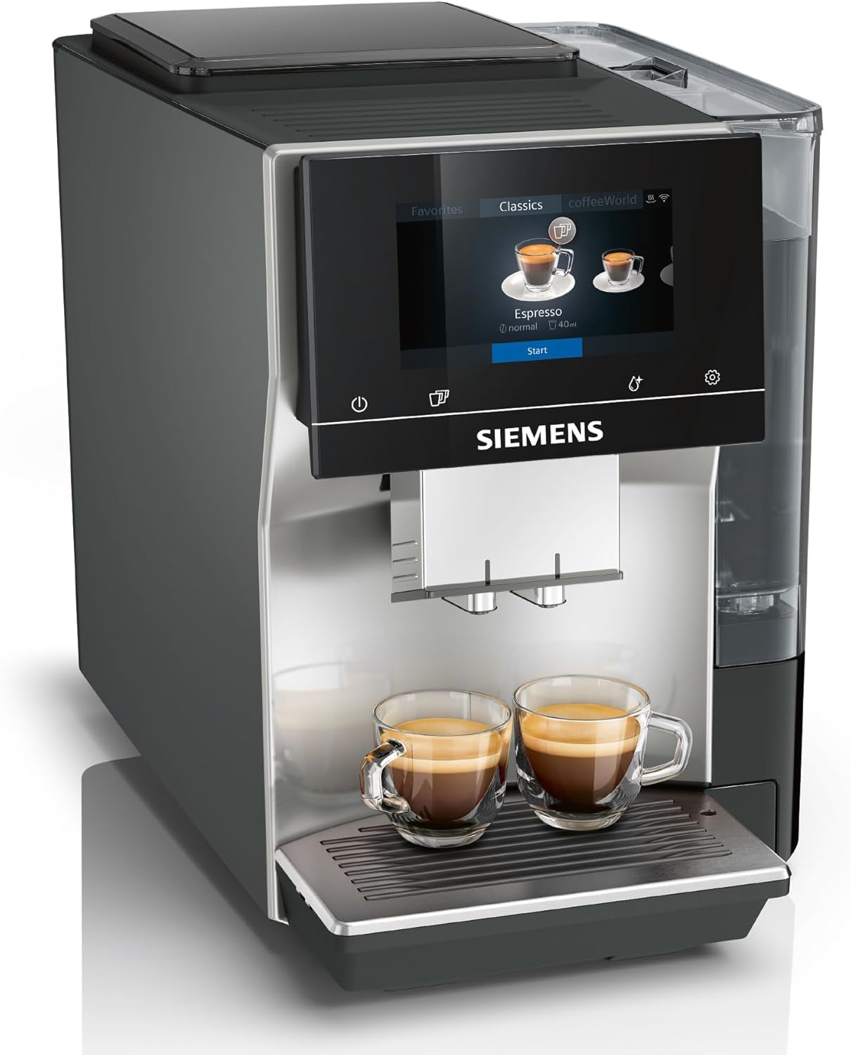 Automatyczny ekspres do kawy Siemens EQ700 classic TP715D01, sterowanie z aplikacji, napar na zimno, intuicyjny wyświetlacz dotykowy, do 10 indywidualnych kreacji kawowych jako ulubione, automatyczne czyszczenie parą, 1500 W, srebrno-szary