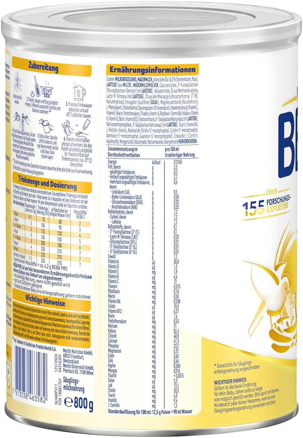 BEBA PRE Mleko początkowe od urodzenia, Żywność dla niemowląt z DHA, Tylko laktoza, Bez oleju palmowego, Op. 3 (3 x 800g) Naty Shop