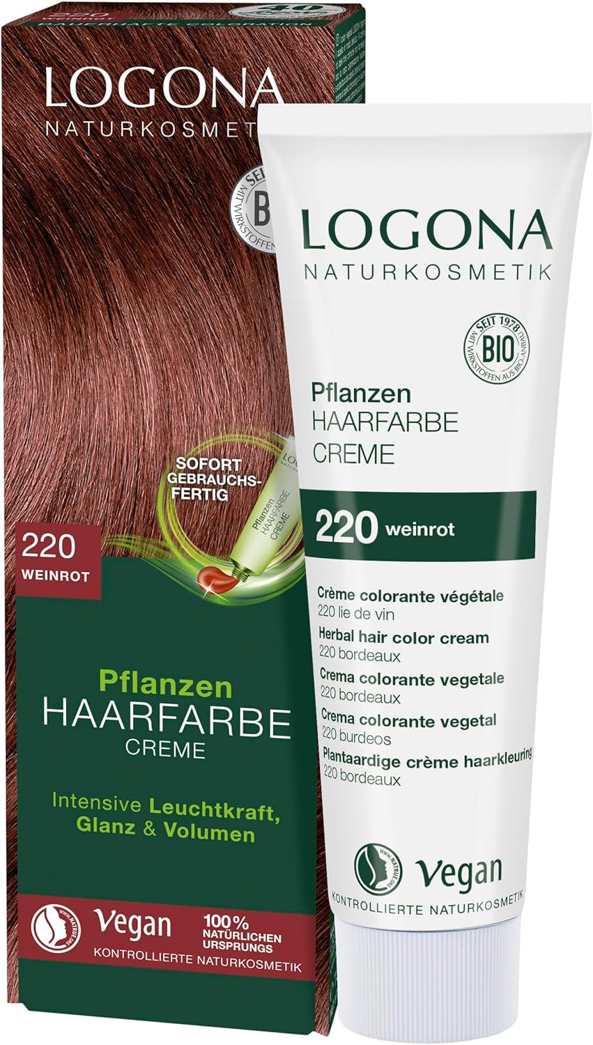LOGONA Natural Cosmetics Roślinny krem koloryzujący do włosów 240 Nugat Brown, Naturalna Henna Brown Krem koloryzujący do włosów, Odcienie brązu Krem koloryzujący, Ciemna farba do włosów, 150ml Naty Shop Farba do włosów 220 Wine Red [Tycjan]