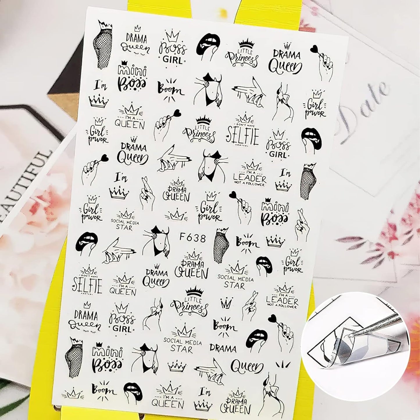 7 Blätter Nagelsticker Selbstklebend Nagelsticker Blumen Abstrakt 3D Schwarz Nagelaufkleber Nageldesign Herzform Wörter Pflanzen Nagel Naklejka DIY Nail Art Zubehör Maniküre Dekoration