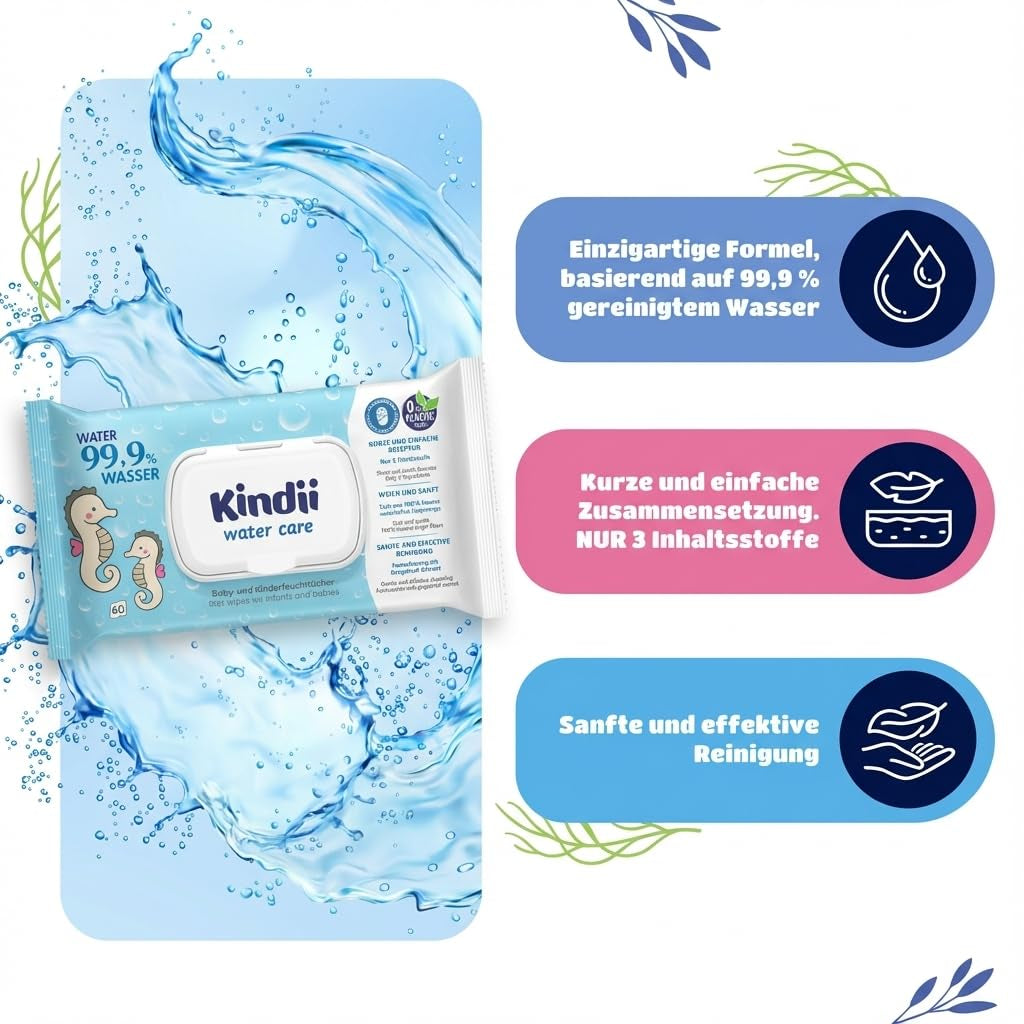 Chusteczki nawilżane Kindii Water Care - Chusteczki Aqua Baby - 100% Wiskoza, 99,9% Woda, Ekstrakt z Grejpfruta, Rozmiar szalika 150x200, 100% Biodegradowalne, Bez Plastiku, Chusteczki Oczyszczające do Skóry Wrażliwej