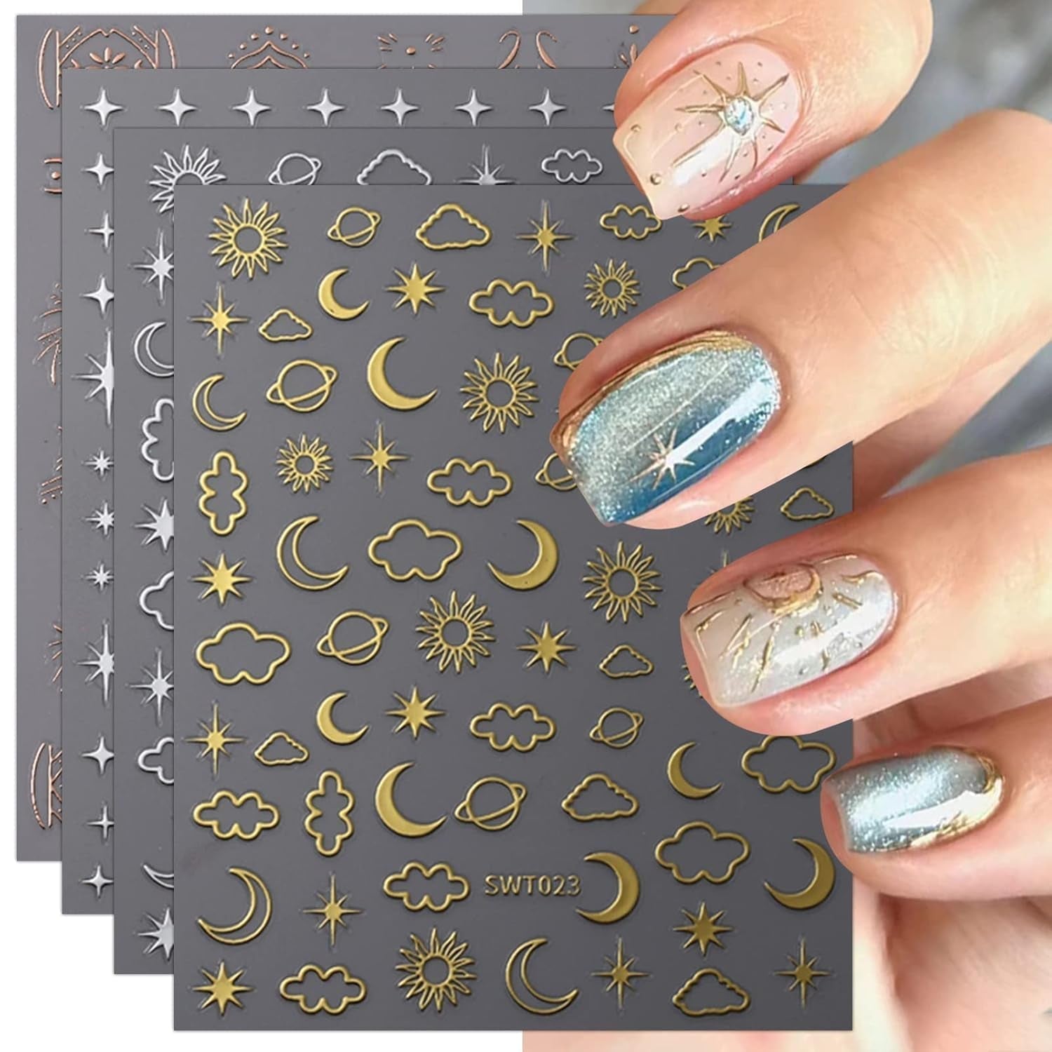 JMEOWIO Nagelsticker Mond Stern 9 Blatt Nail Art Naklejka Selbstklebend Nagelaufkleber Bunter Dekoration Nageldesign Zubehör